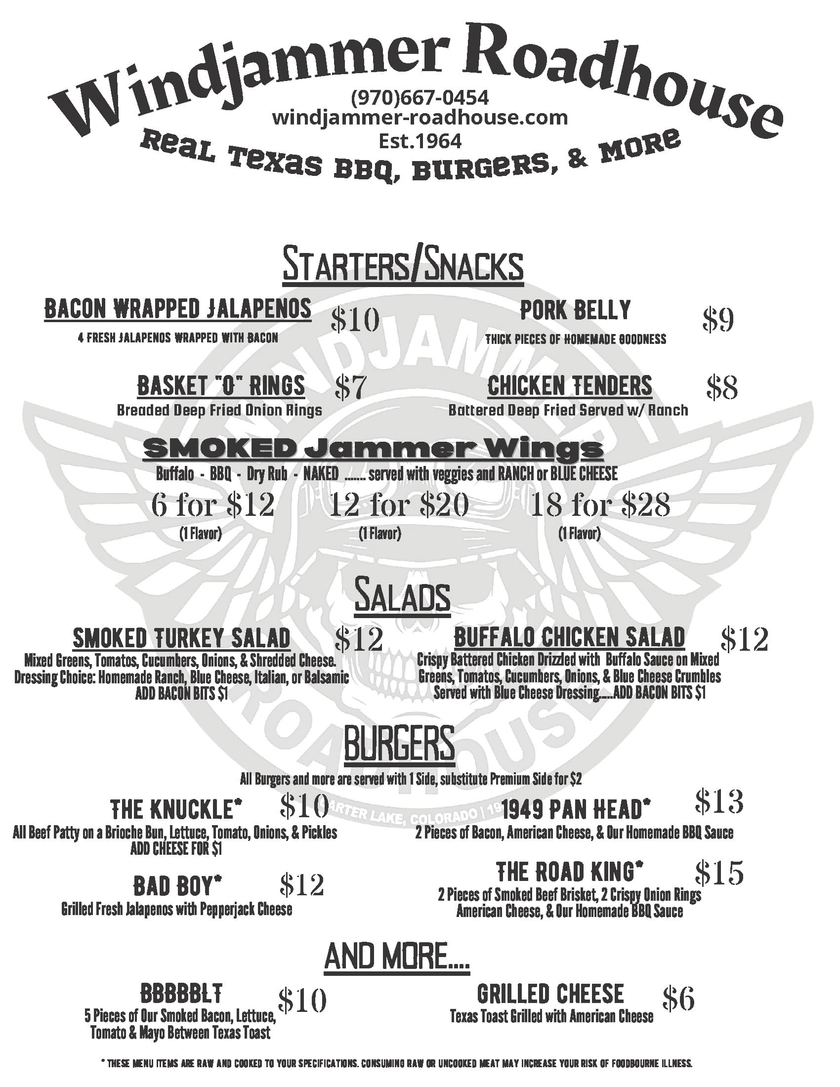 Windjammer Roadhouse menu page 1